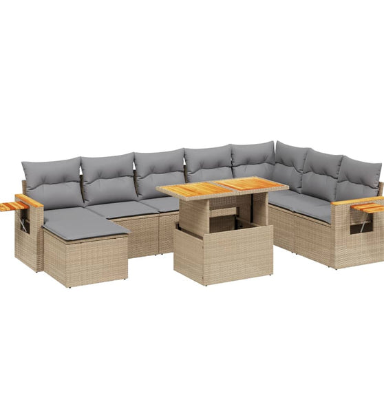 9-tlg. Garten-Sofagarnitur mit Kissen Beige Poly Rattan
