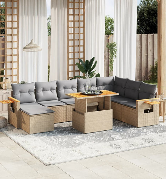 9-tlg. Garten-Sofagarnitur mit Kissen Beige Poly Rattan