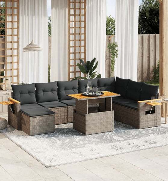 9-tlg. Garten-Sofagarnitur mit Kissen Grau Poly Rattan