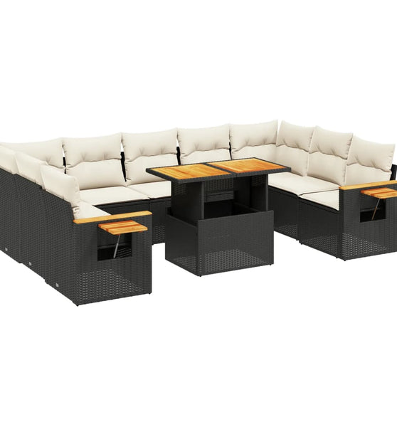 10-tlg. Garten-Sofagarnitur mit Kissen Schwarz Poly Rattan