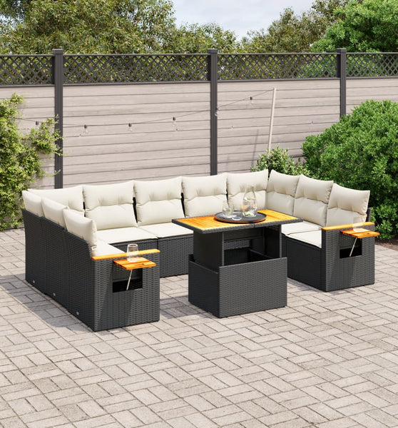 10-tlg. Garten-Sofagarnitur mit Kissen Schwarz Poly Rattan