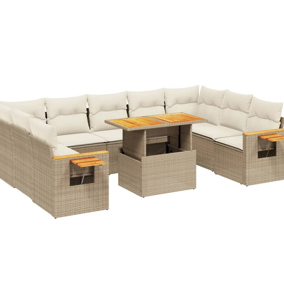 10-tlg. Garten-Sofagarnitur mit Kissen Beige Poly Rattan