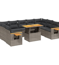 10-tlg. Garten-Sofagarnitur mit Kissen Grau Poly Rattan
