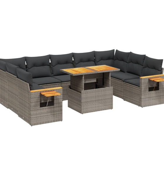 10-tlg. Garten-Sofagarnitur mit Kissen Grau Poly Rattan