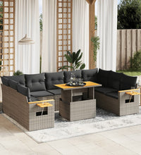 10-tlg. Garten-Sofagarnitur mit Kissen Grau Poly Rattan