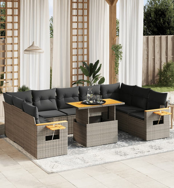 10-tlg. Garten-Sofagarnitur mit Kissen Grau Poly Rattan