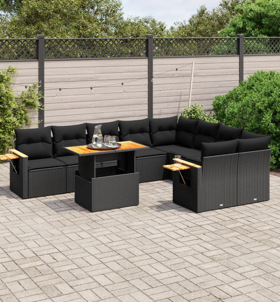 10-tlg. Garten-Sofagarnitur mit Kissen Schwarz Poly Rattan