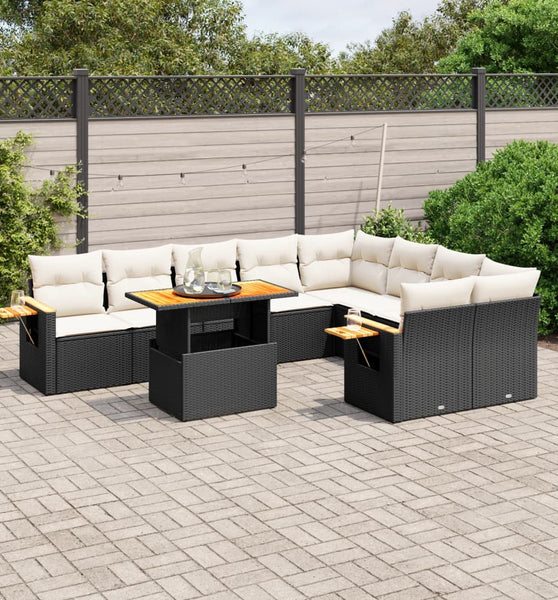 10-tlg. Garten-Sofagarnitur mit Kissen Schwarz Poly Rattan