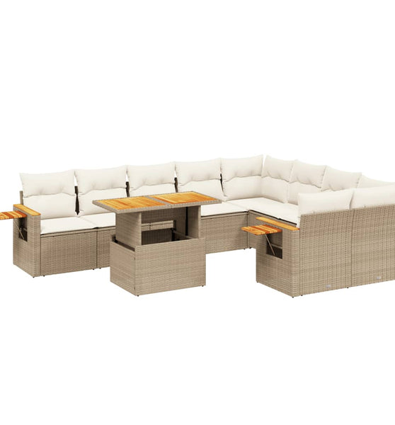 10-tlg. Garten-Sofagarnitur mit Kissen Beige Poly Rattan