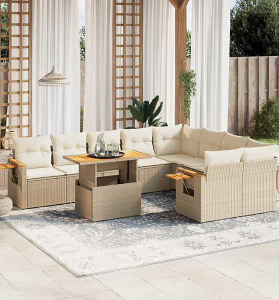 10-tlg. Garten-Sofagarnitur mit Kissen Beige Poly Rattan