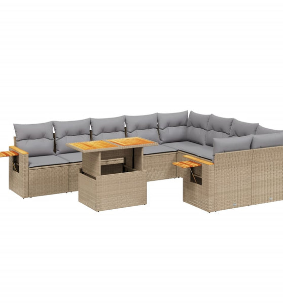 10-tlg. Garten-Sofagarnitur mit Kissen Beige Poly Rattan
