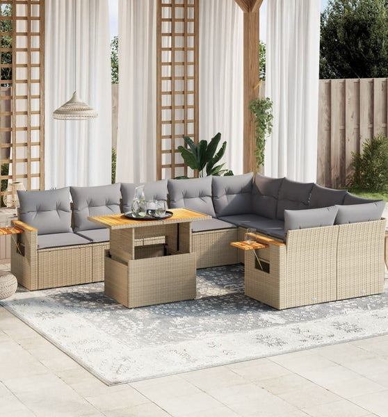 10-tlg. Garten-Sofagarnitur mit Kissen Beige Poly Rattan