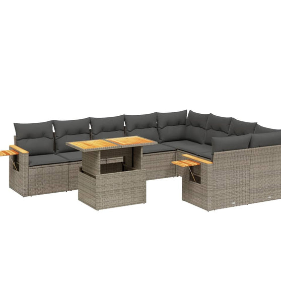 10-tlg. Garten-Sofagarnitur mit Kissen Grau Poly Rattan
