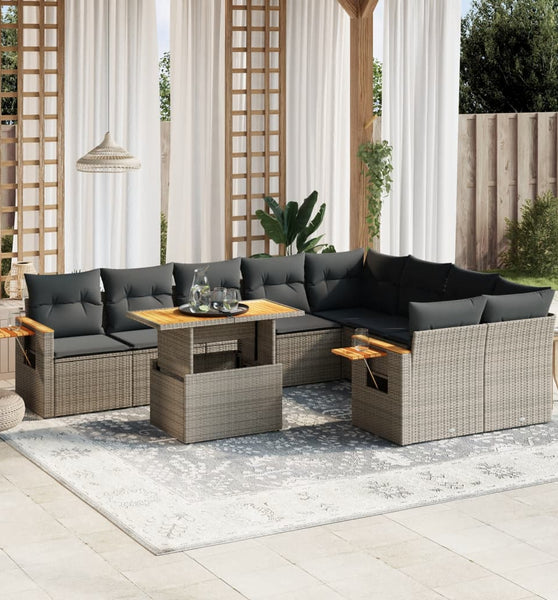 10-tlg. Garten-Sofagarnitur mit Kissen Grau Poly Rattan