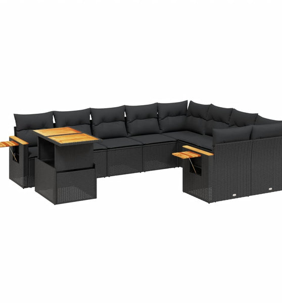 10-tlg. Garten-Sofagarnitur mit Kissen Schwarz Poly Rattan