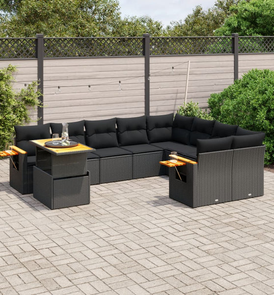 10-tlg. Garten-Sofagarnitur mit Kissen Schwarz Poly Rattan