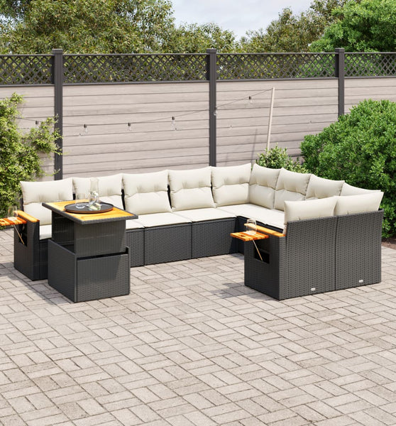 10-tlg. Garten-Sofagarnitur mit Kissen Schwarz Poly Rattan