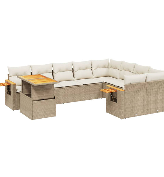 10-tlg. Garten-Sofagarnitur mit Kissen Beige Poly Rattan