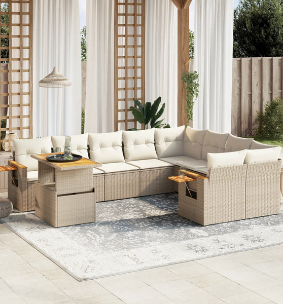 10-tlg. Garten-Sofagarnitur mit Kissen Beige Poly Rattan