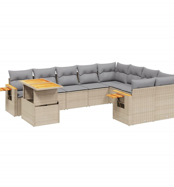 10-tlg. Garten-Sofagarnitur mit Kissen Beige Poly Rattan