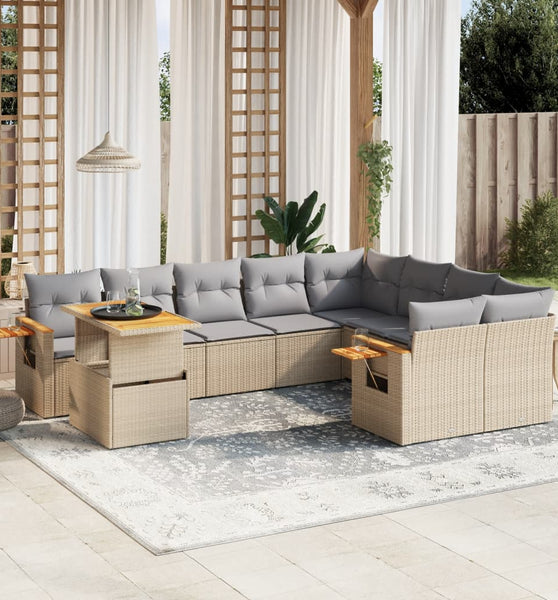 10-tlg. Garten-Sofagarnitur mit Kissen Beige Poly Rattan