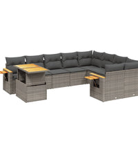 10-tlg. Garten-Sofagarnitur mit Kissen Grau Poly Rattan