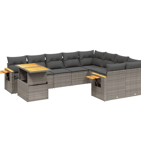 10-tlg. Garten-Sofagarnitur mit Kissen Grau Poly Rattan