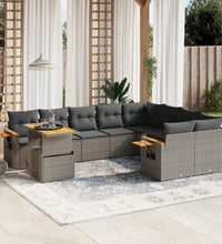 10-tlg. Garten-Sofagarnitur mit Kissen Grau Poly Rattan