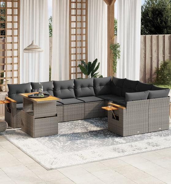 10-tlg. Garten-Sofagarnitur mit Kissen Grau Poly Rattan