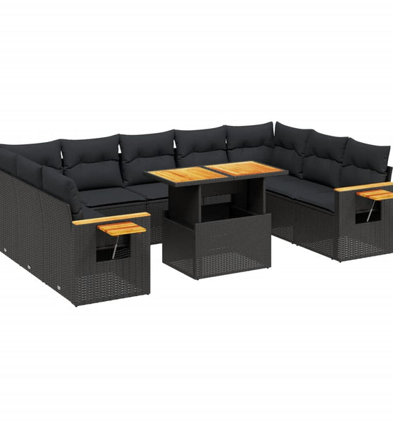 11-tlg. Garten-Sofagarnitur mit Kissen Schwarz Poly Rattan