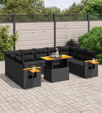 11-tlg. Garten-Sofagarnitur mit Kissen Schwarz Poly Rattan