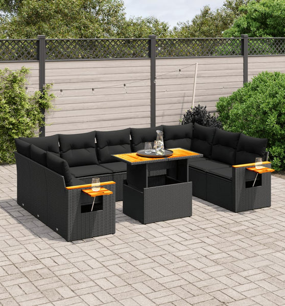 11-tlg. Garten-Sofagarnitur mit Kissen Schwarz Poly Rattan