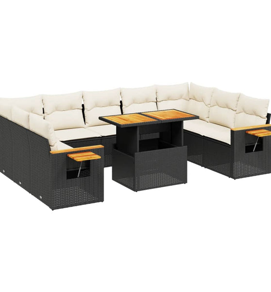11-tlg. Garten-Sofagarnitur mit Kissen Schwarz Poly Rattan