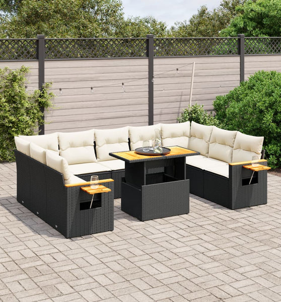 11-tlg. Garten-Sofagarnitur mit Kissen Schwarz Poly Rattan