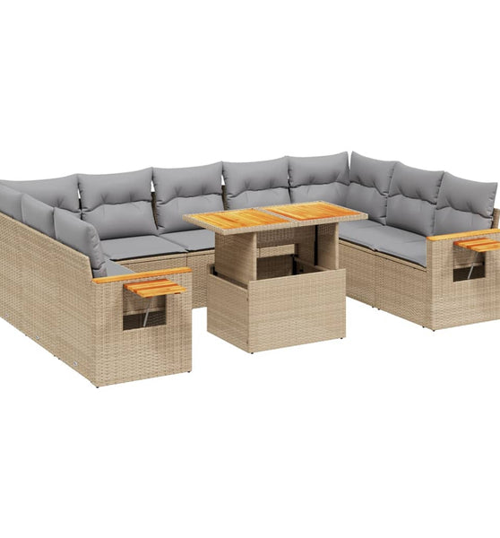 11-tlg. Garten-Sofagarnitur mit Kissen Beige Poly Rattan