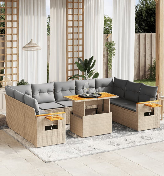 11-tlg. Garten-Sofagarnitur mit Kissen Beige Poly Rattan