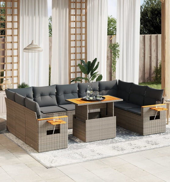 11-tlg. Garten-Sofagarnitur mit Kissen Grau Poly Rattan