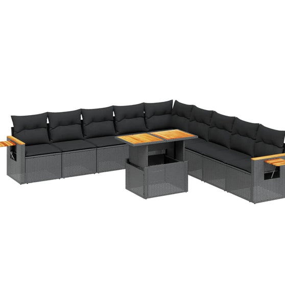 11-tlg. Garten-Sofagarnitur mit Kissen Schwarz Poly Rattan