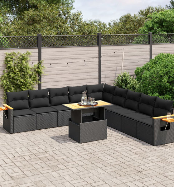 11-tlg. Garten-Sofagarnitur mit Kissen Schwarz Poly Rattan