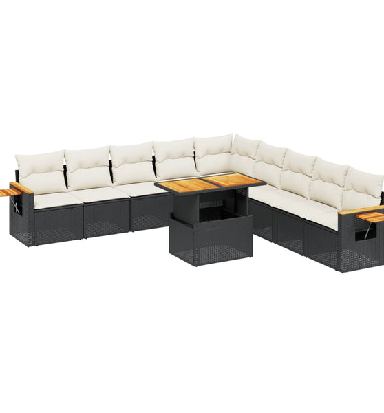 11-tlg. Garten-Sofagarnitur mit Kissen Schwarz Poly Rattan