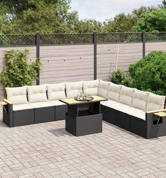 11-tlg. Garten-Sofagarnitur mit Kissen Schwarz Poly Rattan