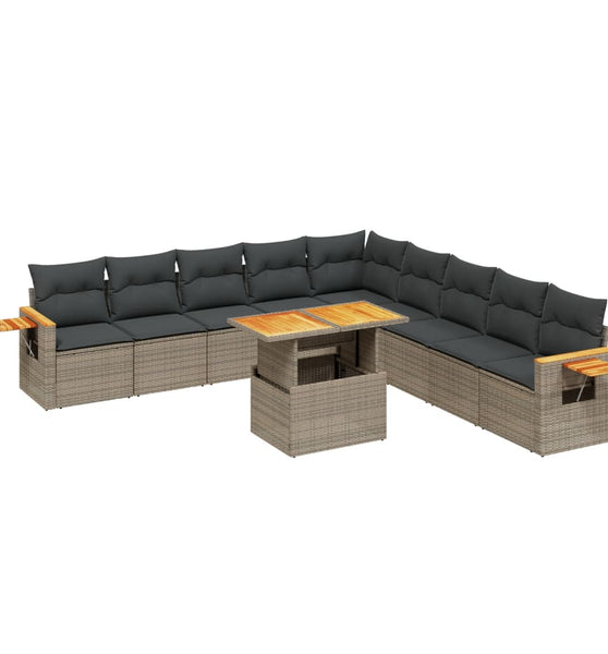 11-tlg. Garten-Sofagarnitur mit Kissen Grau Poly Rattan