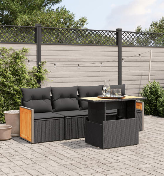 5-tlg. Garten-Sofagarnitur mit Kissen Schwarz Poly Rattan