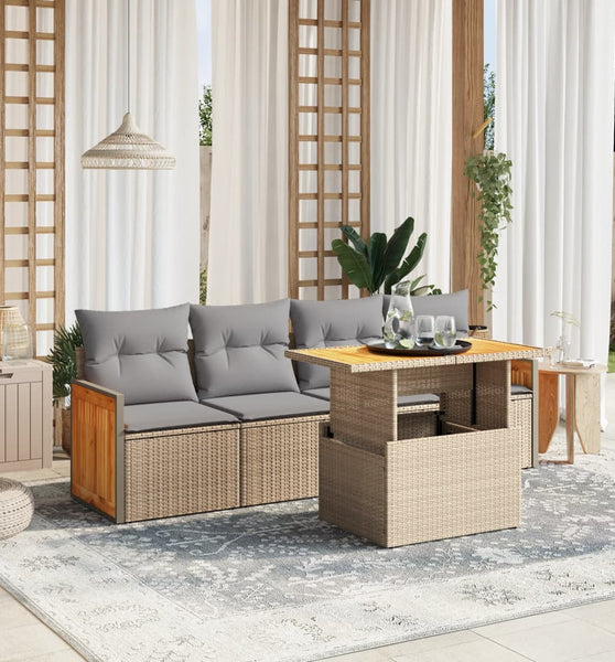 5-tlg. Garten-Sofagarnitur mit Kissen Beige Poly Rattan