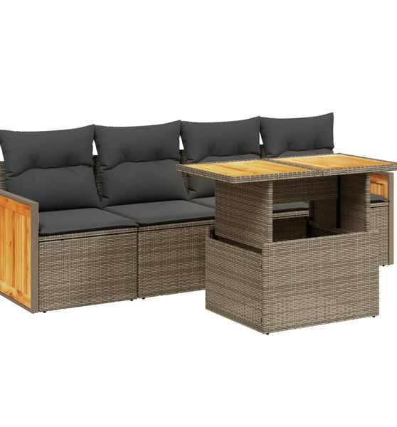 5-tlg. Garten-Sofagarnitur mit Kissen Grau Poly Rattan