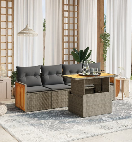 5-tlg. Garten-Sofagarnitur mit Kissen Grau Poly Rattan