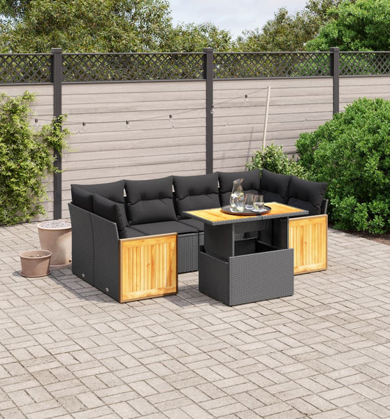 7-tlg. Garten-Sofagarnitur mit Kissen Schwarz Poly Rattan