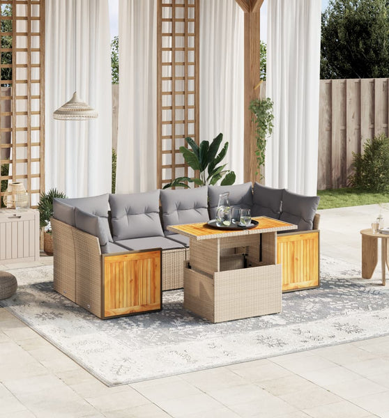 7-tlg. Garten-Sofagarnitur mit Kissen Beige Poly Rattan