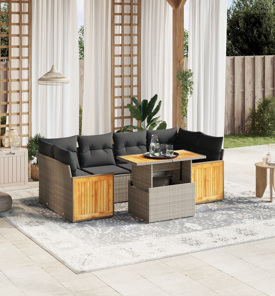 7-tlg. Garten-Sofagarnitur mit Kissen Grau Poly Rattan