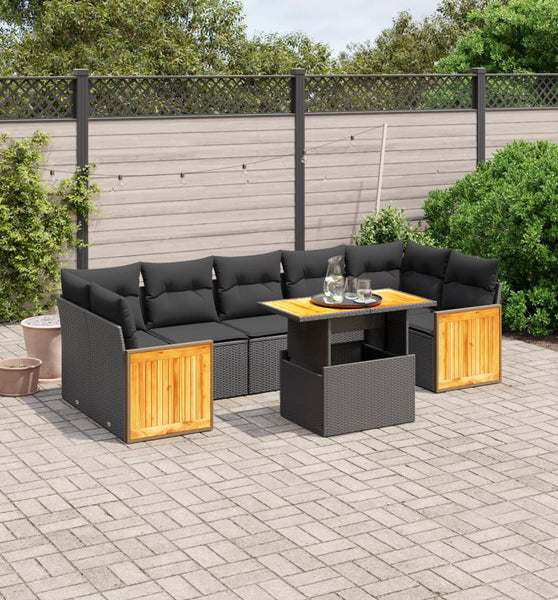 8-tlg. Garten-Sofagarnitur mit Kissen Schwarz Poly Rattan